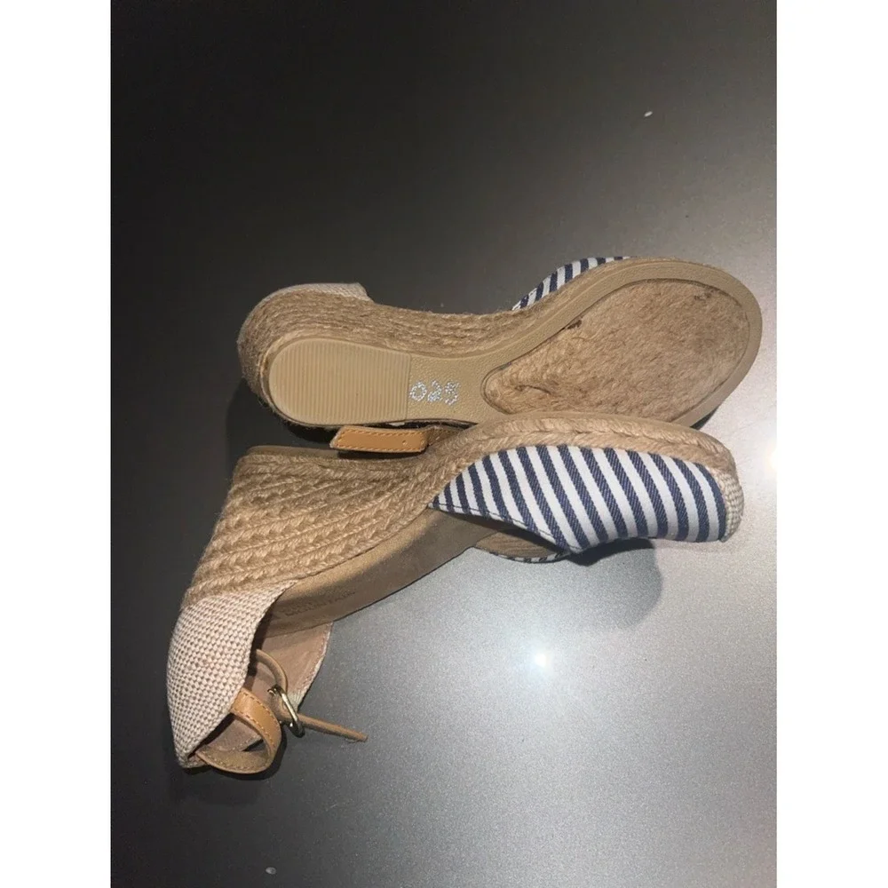 White Mountain Womens Blue White Striped Espadrille Wedge Sandals Ankle Strap